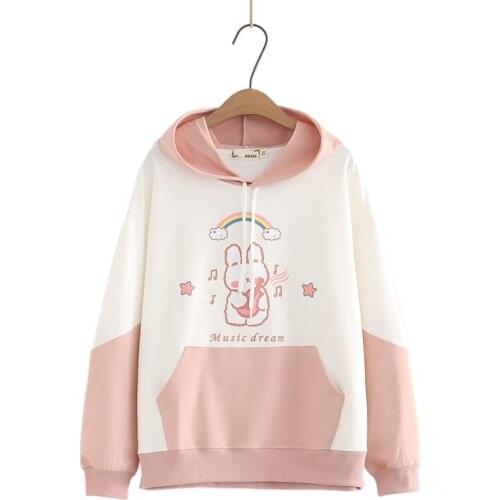 New Harajuku Hoodie Women Kawaii Rabbit Print Spring Cotton Hooded Sweatshirts Japan Style Loose Patchwork Pullovers 210488