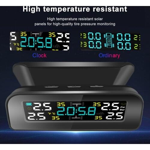 Universal TPMS Wireless Tire Pressure Monitoring System Solar Power Clock LCD Display 4 External Sensor Tire Pressure Sensors