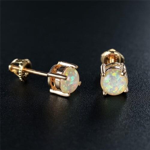 Vintage Gold Color Small Earrings 6mm Round Stone Screw Back Earrings White Blue Green Opal Stud Earrings For Women Wedding Gift