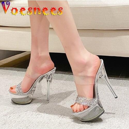 Voesnees Diamonds Women Shoes 2021 Summer Sequined Cloth Thin Heels high heels Bling Platform Sexy Ladies Catwalk Stripper Shoes