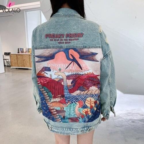 2020 New Autumn Funny Cartoon Print Long Denim Jacket Women Vintage Streetwear Punk Style Jean Jacket Casaco Feminino