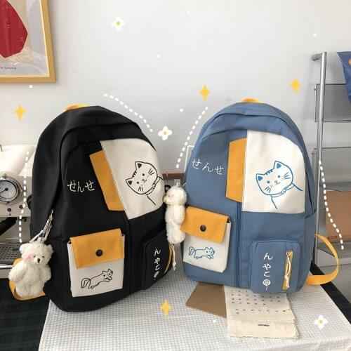 Kawaii Preppy Style Mochila Women Contrast Color Cartoon Cat Printing Shoulder Bag Knapsack Student Harajuku School Bags 2021