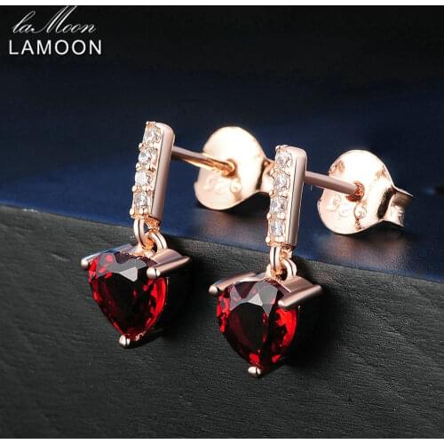 LAMOON 925 Sterling Silver Earrings For Women Heart Garnet Gemstone Earring 18K Rose Gold Plated Fine Jewelry s925 LMEI030