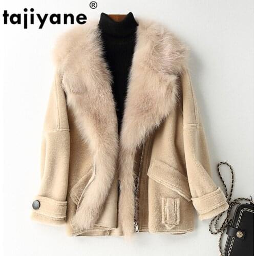Real Fur Coat Female Jacket Winter Korean Fox Fur Collar Womens Fur Coat Sheep Shearling Fur Suede Lining Women Tops ZT1605
