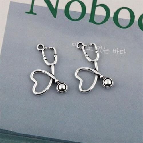 20Pcs Silver Color Medicine Heart Shaped Stethoscope Charms Nurse Pendant Making Bracelet Earrings metal jewelry 22X15mm A295