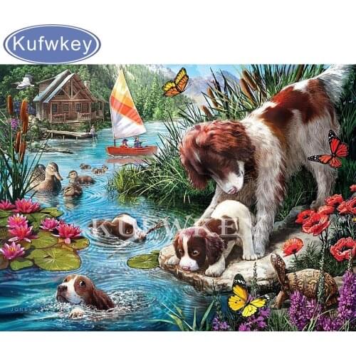 5D DIY Diamond Painting Cross Stitch kit animals dog in the river,scenery,diamond Embroidery Mosaic Decor Christmas gifts