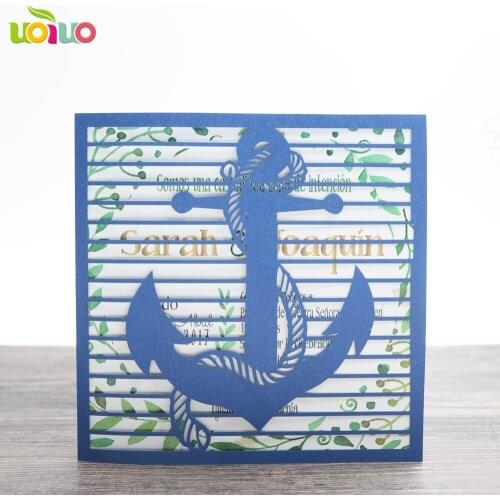 Free shipping 50set inc125 sea blue invitation card,purple invitations,laser anchor card,free envelope with seal,insert,logo
