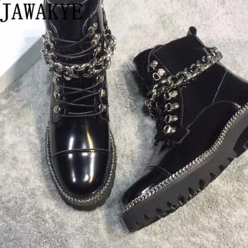 Winter Fashion Martin Boots for Women Black Lace-up Chain Design Wool Warm Leather Ankle Boots Luxury Brand Motorcycle Boots