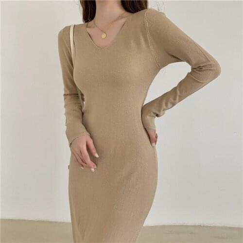 One-Piece Korean Elegant Fashion WomenS Knitted Casual Dress 2021 Autumn Winter V-Neck Slim Slimming Knitted Sweater Base Dress