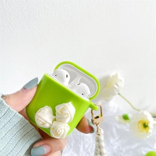 White Roses Decor Grass Green Earphone Case for Apple AirPods1 / 2 Pro3 Earbuds Silicone Cover Wireless Bluetooth Headset Box