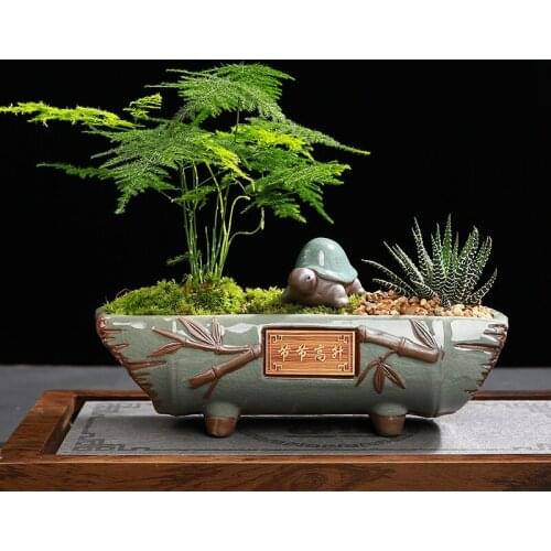 Chinese Style Flower Pot Ge Kiln Creative Indoor Desktop Green Plants Succulent Calamus And Bamboo Bonsai Rectangular Potted