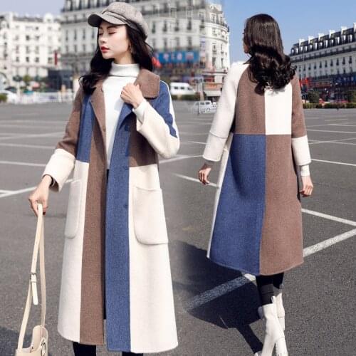 Elegant long Woolen coat Autumn Winter plus-size Wool Overcoat Coats Female Korea Loose Color Matching Womens Cashmere Jackets