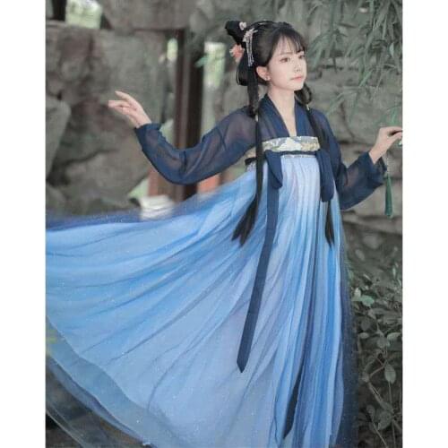Elegant Woman Chinese Traditional Hanfu Embroidery Fairy Mesh Folk Dance Costume New Year Party Oriental Retro Princess Dress