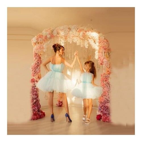 Custom Made Blue Short Mother And Me Dresses Mini Length Puffy Strapless Lace-up Back Mom And Daughter Gowns