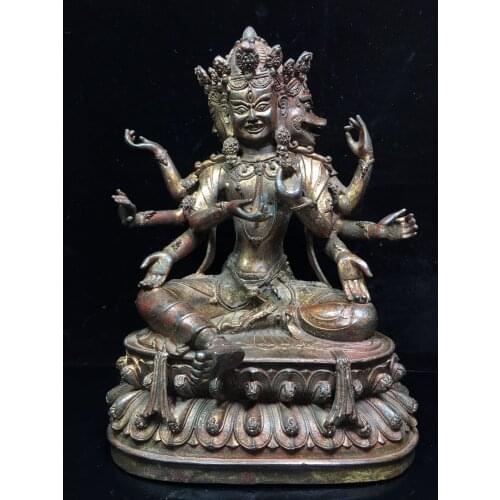 11"Chinese temple collection Old Bronze Cinnabar Lacquer Mori Chiten Buddha Statue Three heads and eight arms Guanyin Buddha