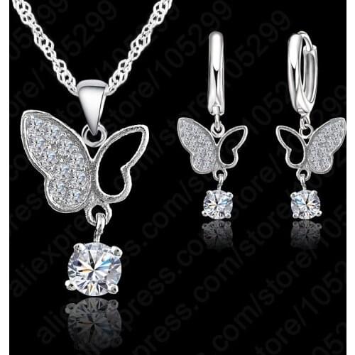 Sweet Animal Butterfly Pendant Necklaces Drop Earrings Cubic Zircon 925 Sterling Silver Bridal Wedding Jewelry Sets