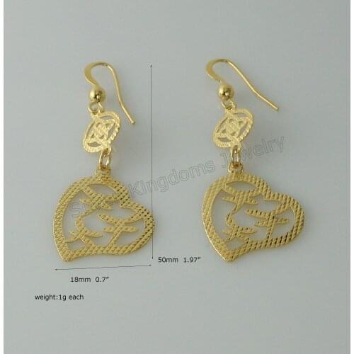 MIN ORDER 10$ CAN MIX DESIGN /NEW - YELLOW GOLD SOLID GP TALL 1.97" HEART STAR STUD HOOK EARRING WITH DRAGONFLY IMAGE