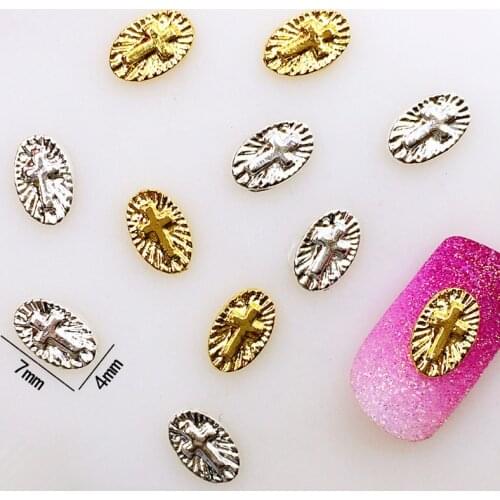 50pcs/pack Japan Korea Alloy Nail Art 3D Gold Silver Iron Oval Cross Metal Accessories for Phototherapy Nail Sticker DIY