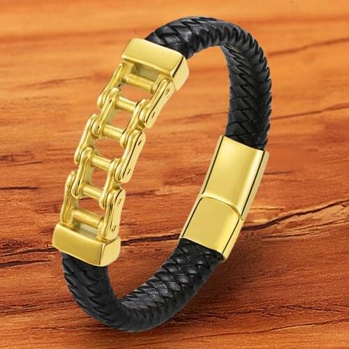 Charm Trendy Stainless Steel Jewelry Magnetic Black Genuine Leather Men Bracelet Chain Braided Gold Punk designer Handwrist