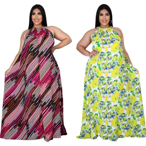 Sexy Plus Size Womens Clothing 4xl Digital Printing Hanging Neck Bandage Loose Swing Elegant Party Dress Wholesale Dropshipping