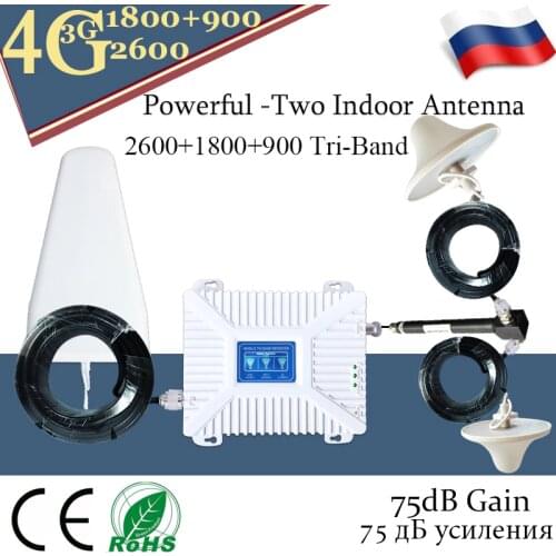 Russia Big Cover Tri Band GSM 900 LTE 2600 4G 1800 Mobile Signal Booster Two Indoor Antennas Repeater Amplifier Set