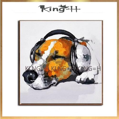 Hand-painted art in modern animal music listening dog abstract oil paintings, oil paintings knife dog painting decorative art po