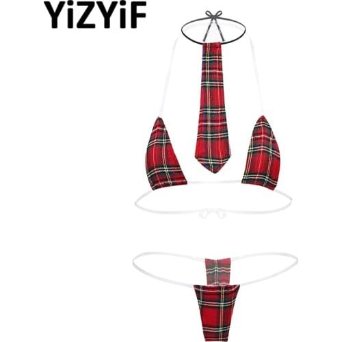 Sexy Lingerie Women Plaid Halter Bikini Set Erotic Underwear Set Sexy Swimsuit Lace-up Invisible Straps Bra G-string With Tie