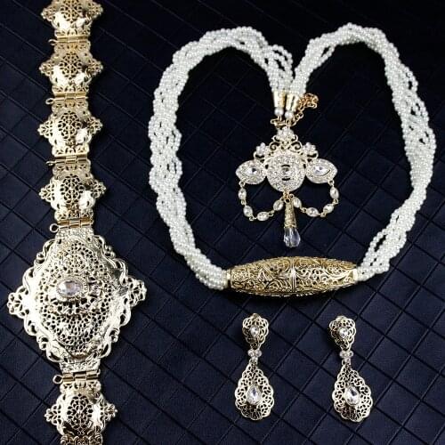 Sunspicems Morocco Caftan Jewelry For Women Gold Color Crystal Belt Bead Necklace Earring Booch 4pcs Sets Arab Wedding Bijoux