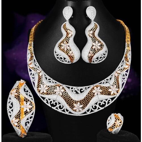BRIDAL Noble 4 PCS Flower Luxury Necklace Bangle Earrings Ring Jewelry Set for Bridal Wedding Superstar Show Jewelry indian
