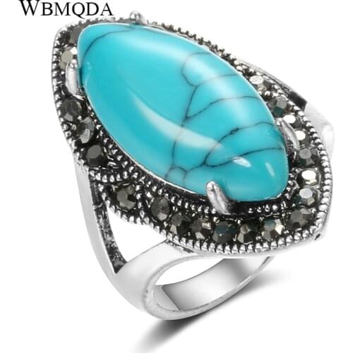 Wbmqda Big Natural Stone Women Ring Vintage Look Tibetan Silver Fashion Crystal Flower Bride Wedding Rings Ethnic Boho Jewelry