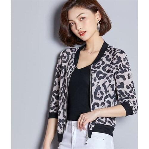 Ladies Leopard Print Jacket thin outwear Sun Protection Womens Short coat Simulated Silk Loose Baseball Uniform female jacket