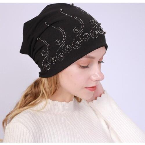 Women Summer Lace Pearl Rhinestone Sunscreen Sun Hat Female Spring Double Layer Cotton Windproof Warm Black Cap Headscarf R18
