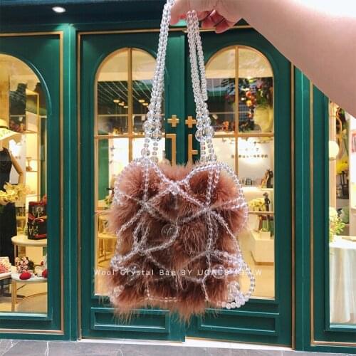 Hand-woven Pearl Fur Womens Bags Beaded Women Handbag Designer Shoulder Crossbody Bag Phone Bag Ladies Hand Bags Purse Clutch