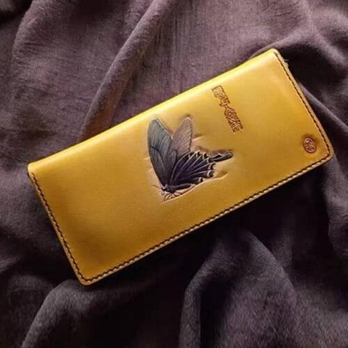 Handmade carving Women Dragonfly Butterfly Yellow Wallets Card Holder Purses Clutch Vegetable Tanned Leather Beautiful Gift