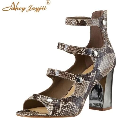 Snake Print Women Shoes Ladies Pumps Gladiator Patent Leather Buckle Super High Square Heels Zipper Pointed Toe Novelty 2021
