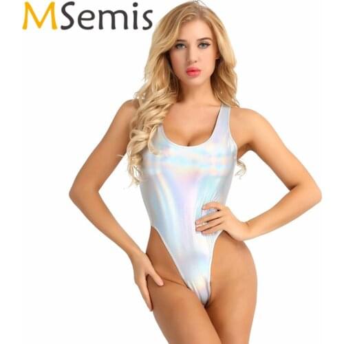 Womens Shiny Swimsuit Catsuit Wetlook Leather Bodysuit High Cut Leotard Bodysuit Swimwear Bathing Suit Gymnastics Dancewear