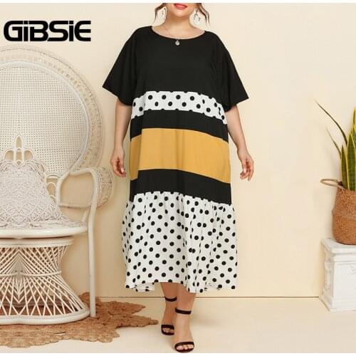 GIBSIE Plus Size Color Block Polka Dot O-Neck Dress Casual Summer Short Sleeve Womens Dresses Elegant Patchwork Maxi Long Dress