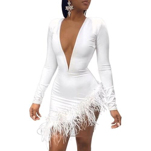 Women Deep V-neck White Feather Party Dress 2020 Spring Long Sleeve Irregular Sexy Mini Dress Night Club Elegant Bodycon Dress