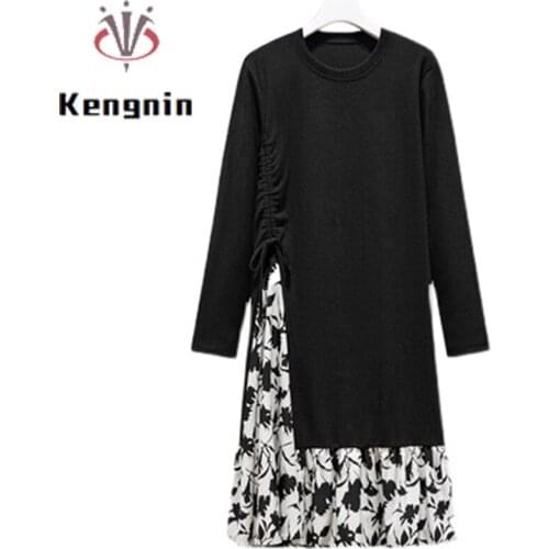 Large Size 5XL Women Dress Autumn Winter Print Floral Chiffon Patchwork Black Dresses Belt Bow Long Sleeve Female Robe KE1873