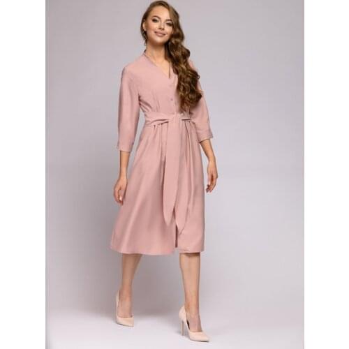 Women Vintage A-line Sashes V-neck Midi Dress Three Quarter Sleeve Solid Color Party Dress Buttons Lantern Sleeve Female Dress