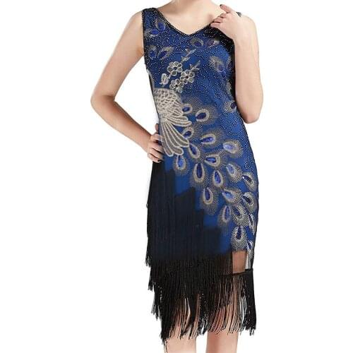 1920s Art Deco Fringed Sequin 20s Flapper Gatsby Long Fringed Beaded Costume Dress with Sleeveless