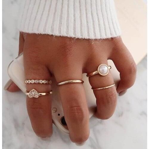 R017 5pcs/set Retro Simple Circle Heart Crystal Finger Rings for Women Vintage Boho Open Beads Round Knuckle Rings anillos mujer