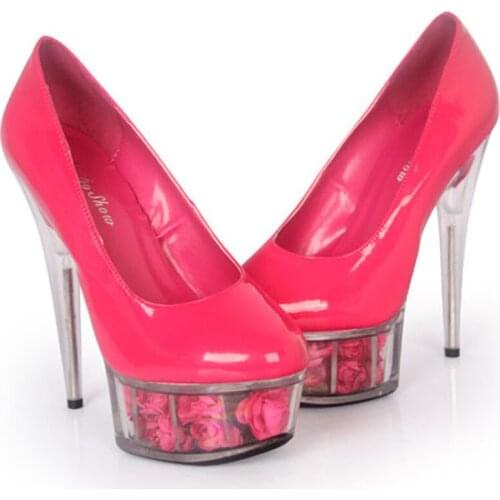 Free shipping Women Hot Neon color sexy 15CM ultra High heel Pumps/Pink 6 inch platform flowers Crystal party shoes Size 35-46