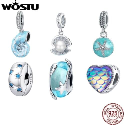 WOSTU Summer New 100% 925 Sterling Silver Blue Conch Pendant Charm fit DIY Beads Bracelet Necklace Jewelry Making Gift CQC1560