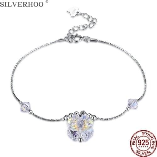 SILVERHOO Sterling Silver 925 Bracelets Shining Flower Austria Crystal Thin Women Bracelet Cute Fine Jewelry Hot Selling Gift