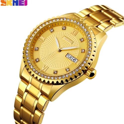 SKMEI Luxury Automatic Mens Watch Crystal Stainless Steel Wristwatch Week Date Display Quartz Bracelet Male Clock Reloj Hombre