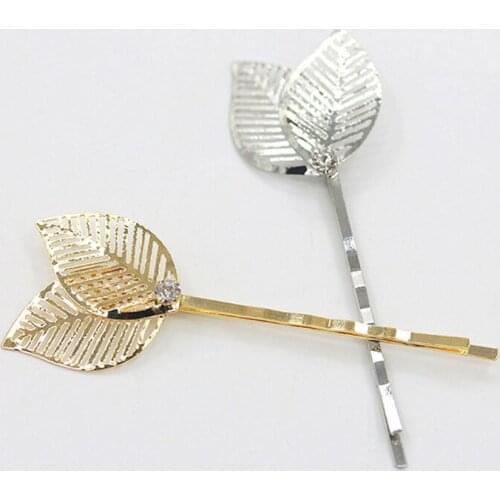 Double Hollow Leaf Shiny Crystal Ornament Metallic Golden Silver Plated Fashion Hair Clips and Pins Women Hair Jewelry