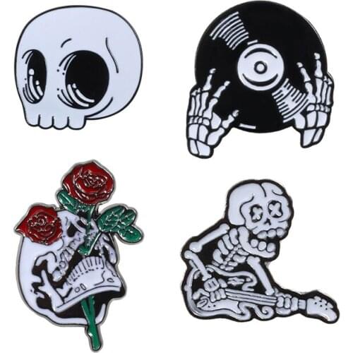 Gothic Skeleton Enamel Pins Skull Rose Skeleton With Guitar Brooch Bag Badges Jean Lapel Pin Jewelry Gift for Friend Accessories
