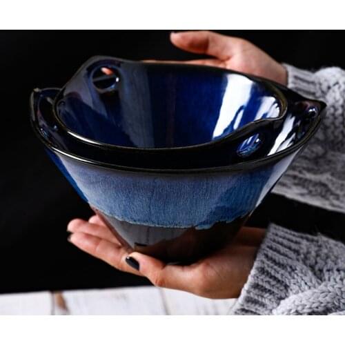 LingAo Ceramic Ins kiln variant Japanese noodle bowl double ear insert chopsticks rice salad soup bowl