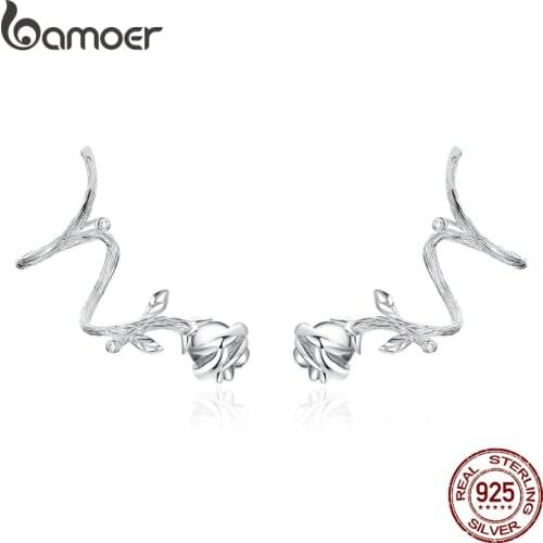 Bamoer Thorns Rose Flower Ear Clips for Women Genuine 925 Sterling Silver Vintage Punk Jewelry Femme Accessories BSE238